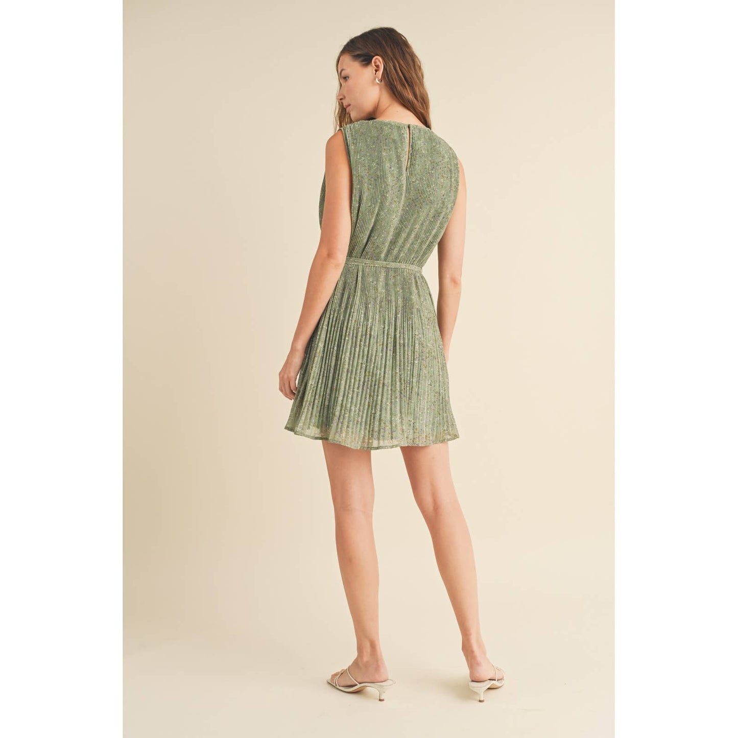 PLEATED FLORAL BELTED MINI DRESS / WL24-8765