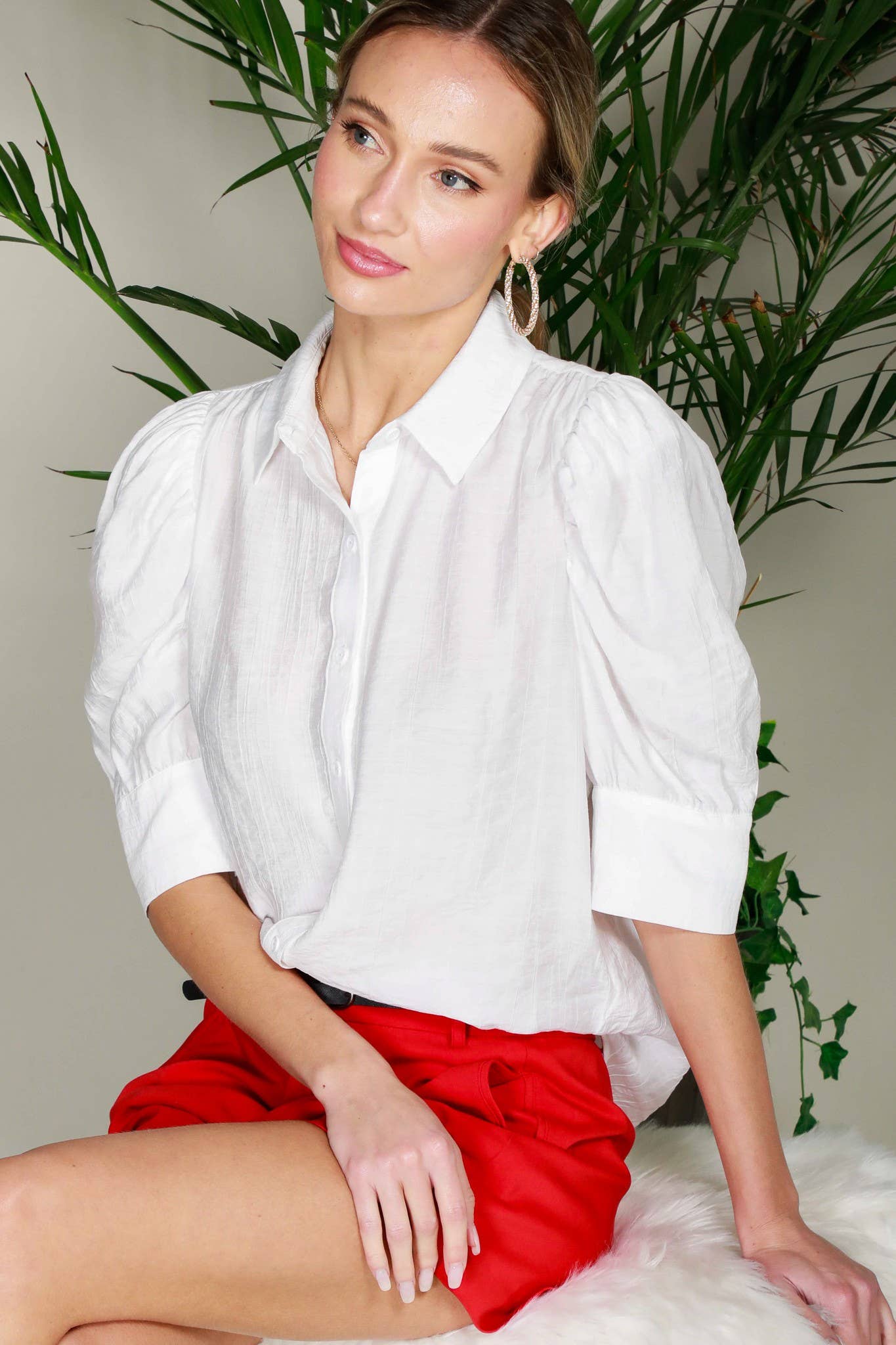 Collared Neckline Puff Short-Sleeve Blouse Top VT81707C