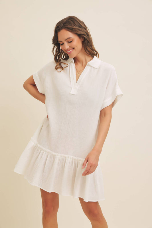 CRINKLED COTTON GAUZE RELAXED FIT MINI DRESS WITH RUFFLE HEM