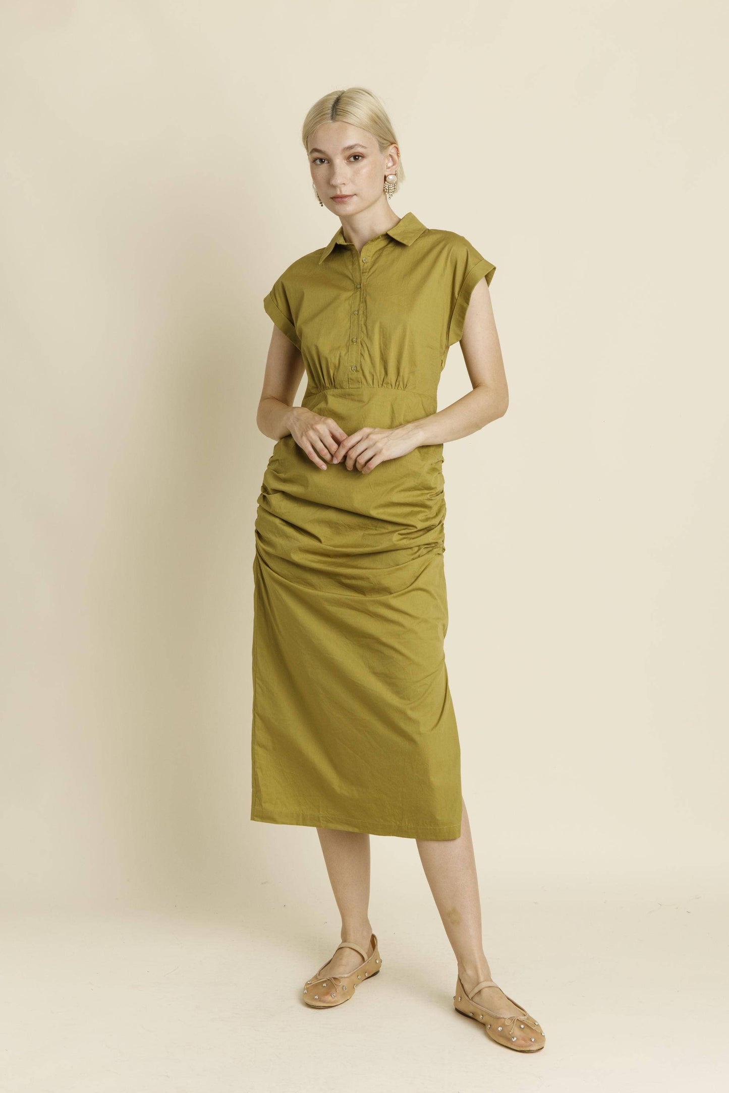 CAP SLEEVE MIDI SHIRT DRESS