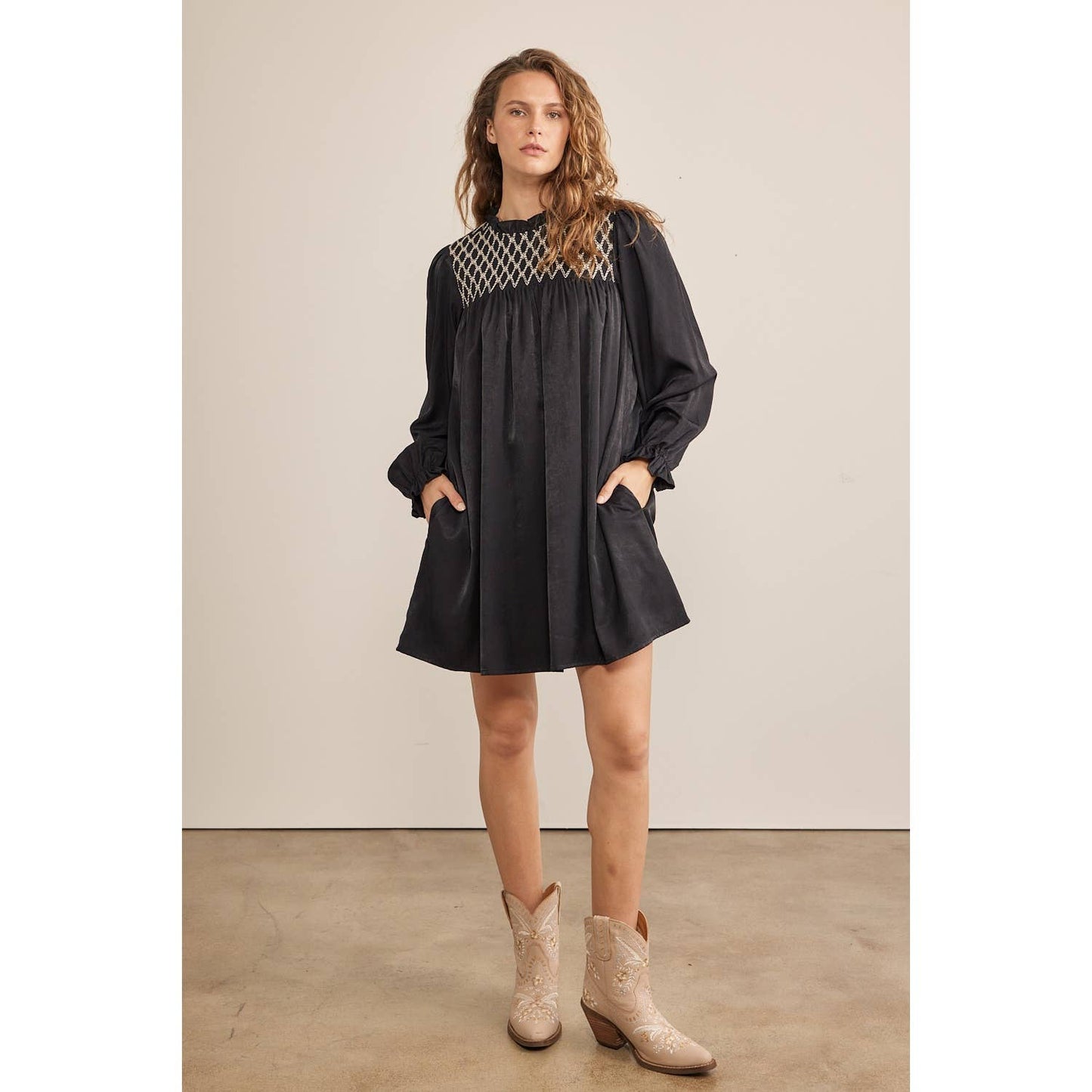 HONEYCOMB SMOCKED MINI DRESS WITH BALLOON SLEEVES
