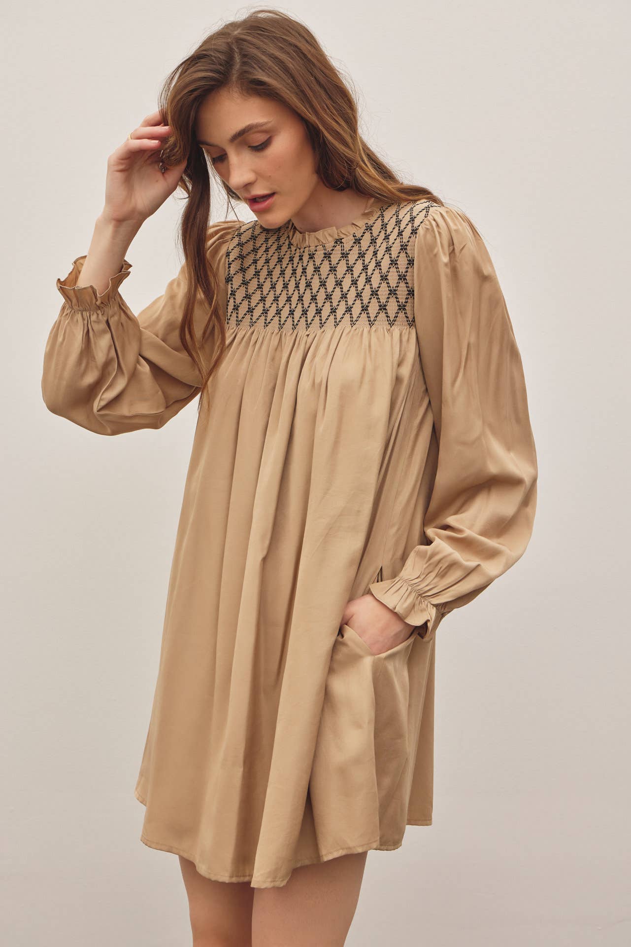 HONEYCOMB SMOCKED MINI DRESS WITH BALLOON SLEEVES