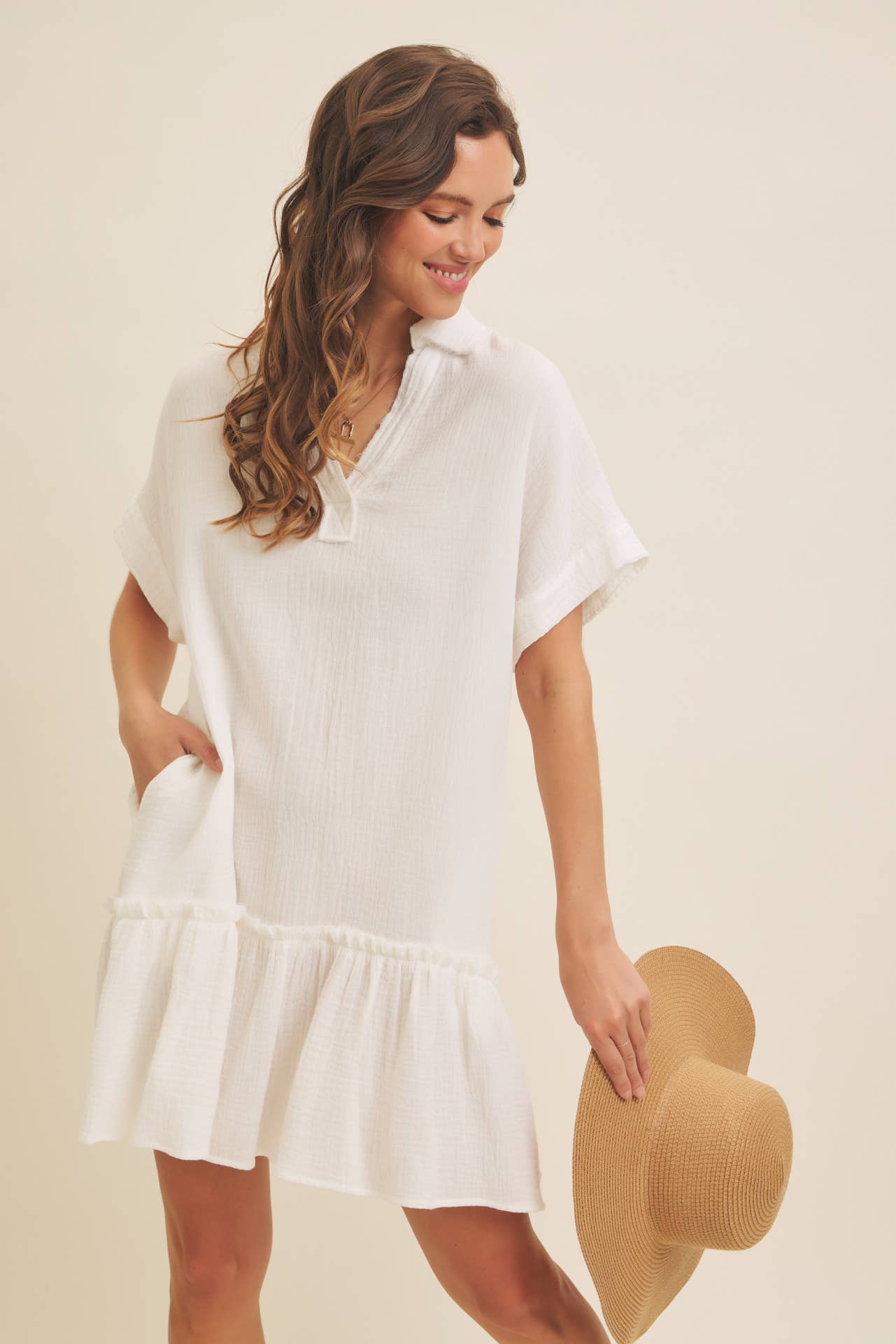 CRINKLED COTTON GAUZE RELAXED FIT MINI DRESS WITH RUFFLE HEM