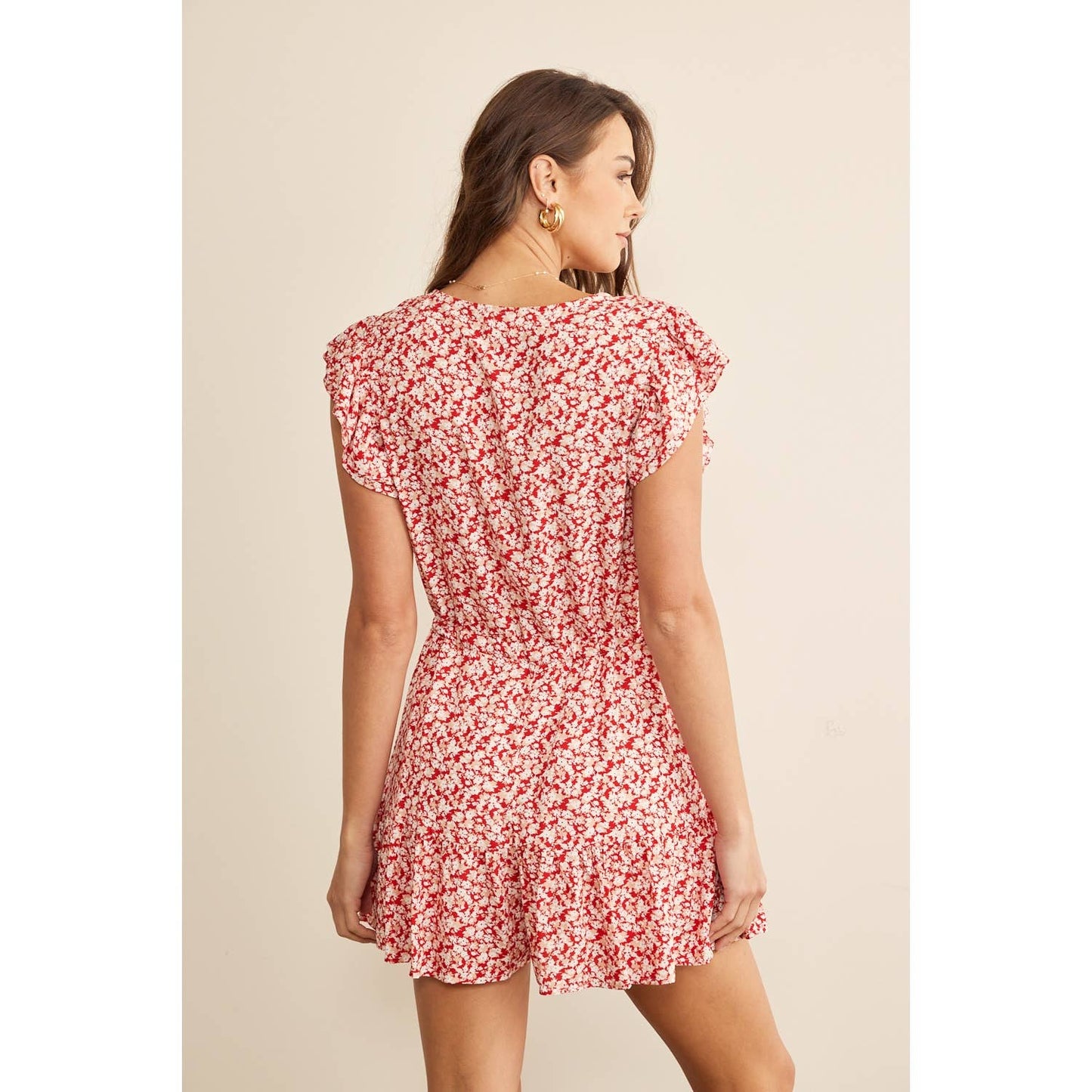 FLORAL RUFFLE SLEEVE BUTTON UP DRAWSTRING ROMPER