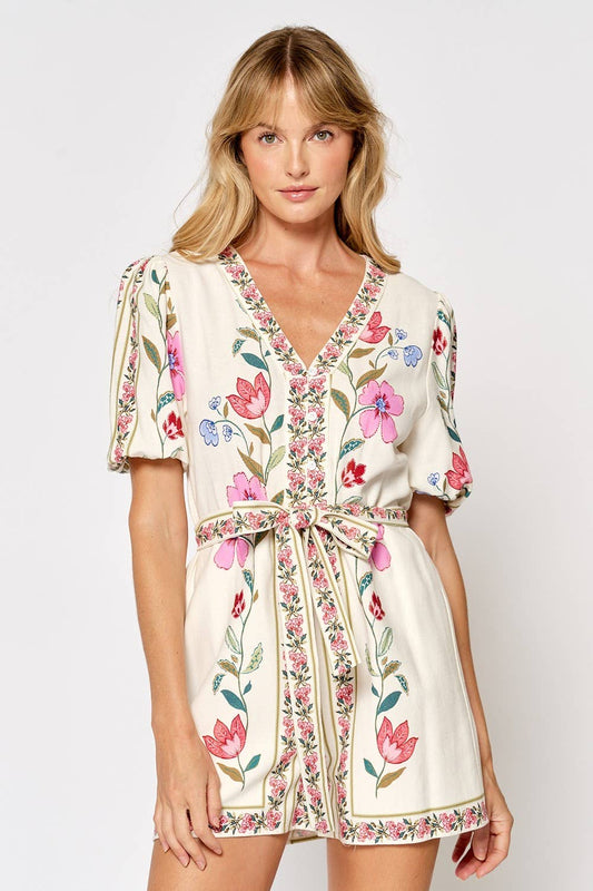PRINTED SHORT PUFF SLEEVE ROMPER
