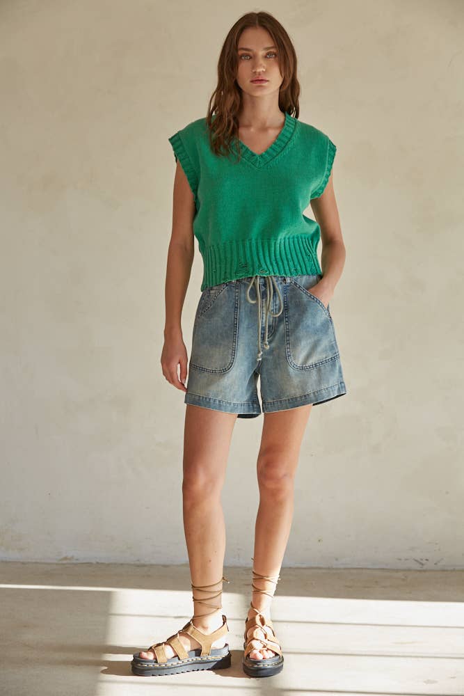 Knit Sweater Distressed V-Neck Sleeveless Vest