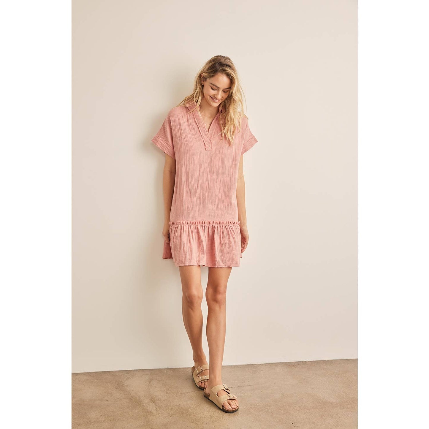 CRINKLED COTTON GAUZE RELAXED FIT MINI DRESS WITH RUFFLE HEM