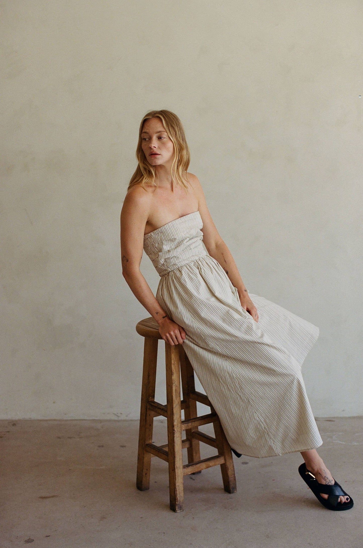 AR1132 | Woven Cotton Striped Tube Neck Off Shoulder Maxi