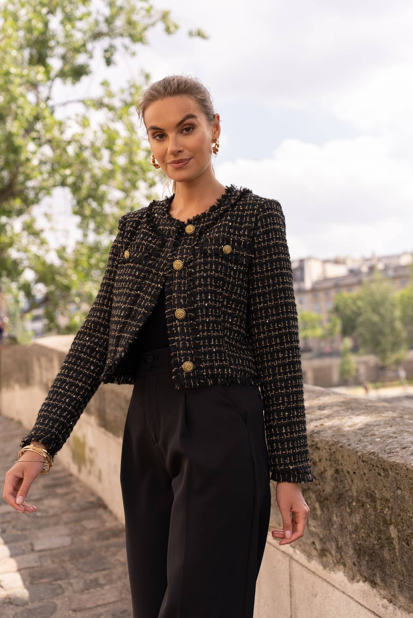 Cropped crew neck fitted tweed blazer jacket
