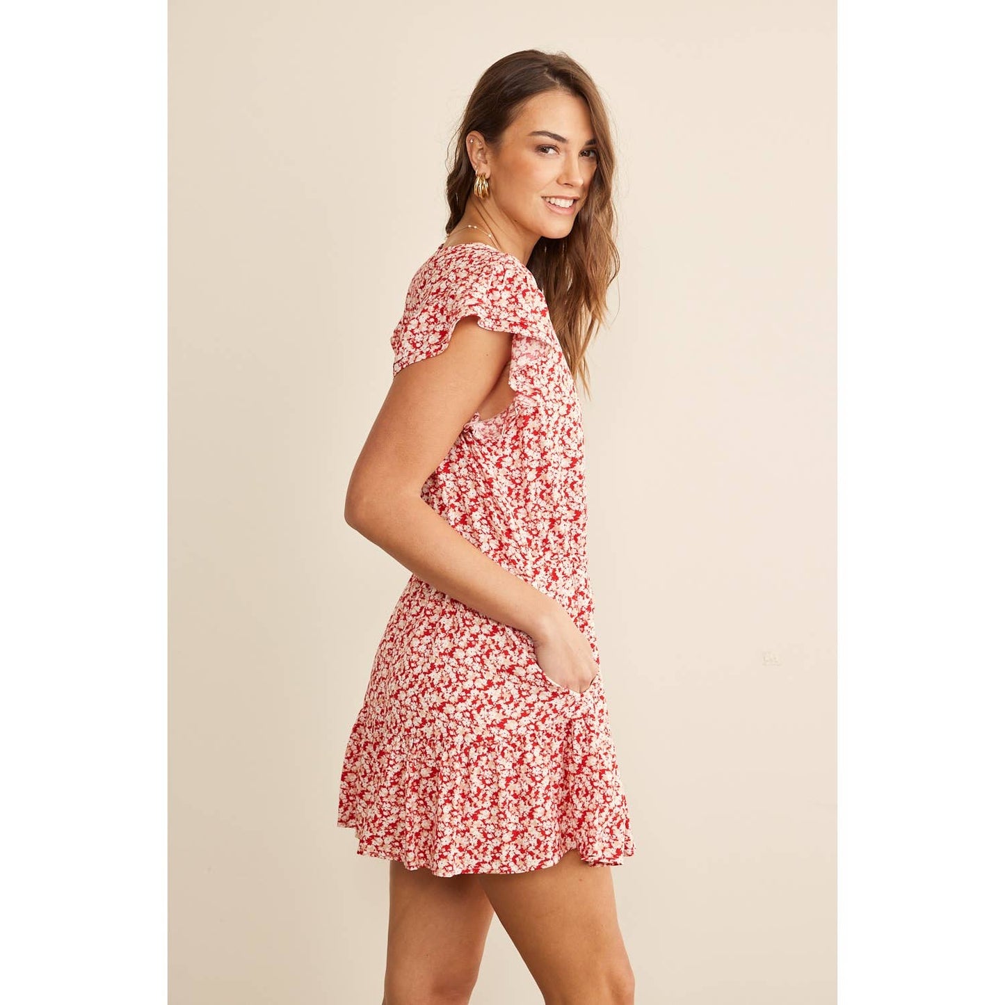 FLORAL RUFFLE SLEEVE BUTTON UP DRAWSTRING ROMPER