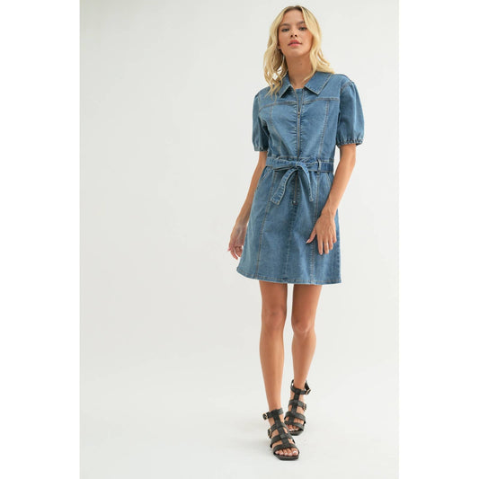 DENIM PUFF SLEEVE BELTED MINI DRESS / WL24-9453