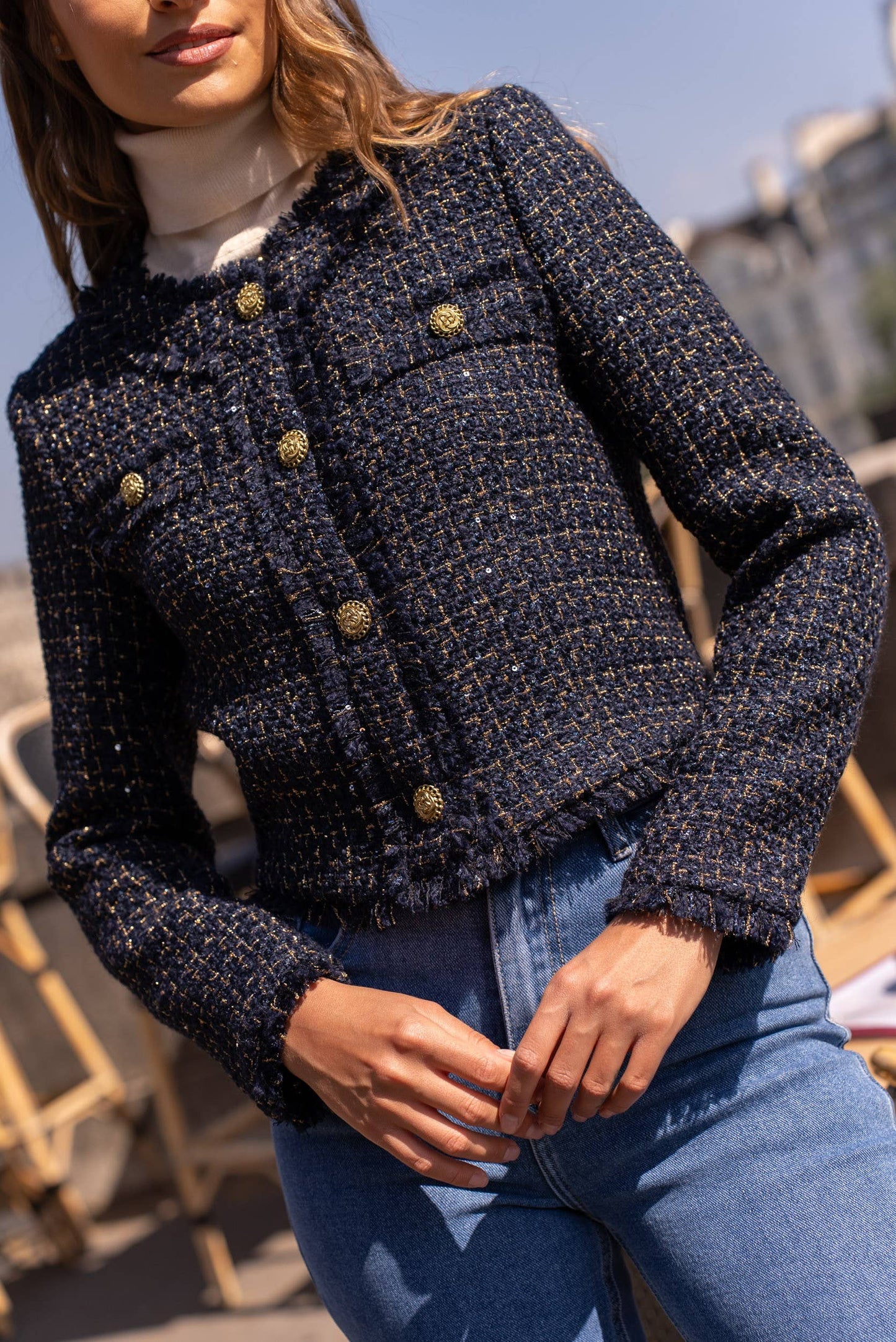 Cropped crew neck fitted tweed blazer jacket