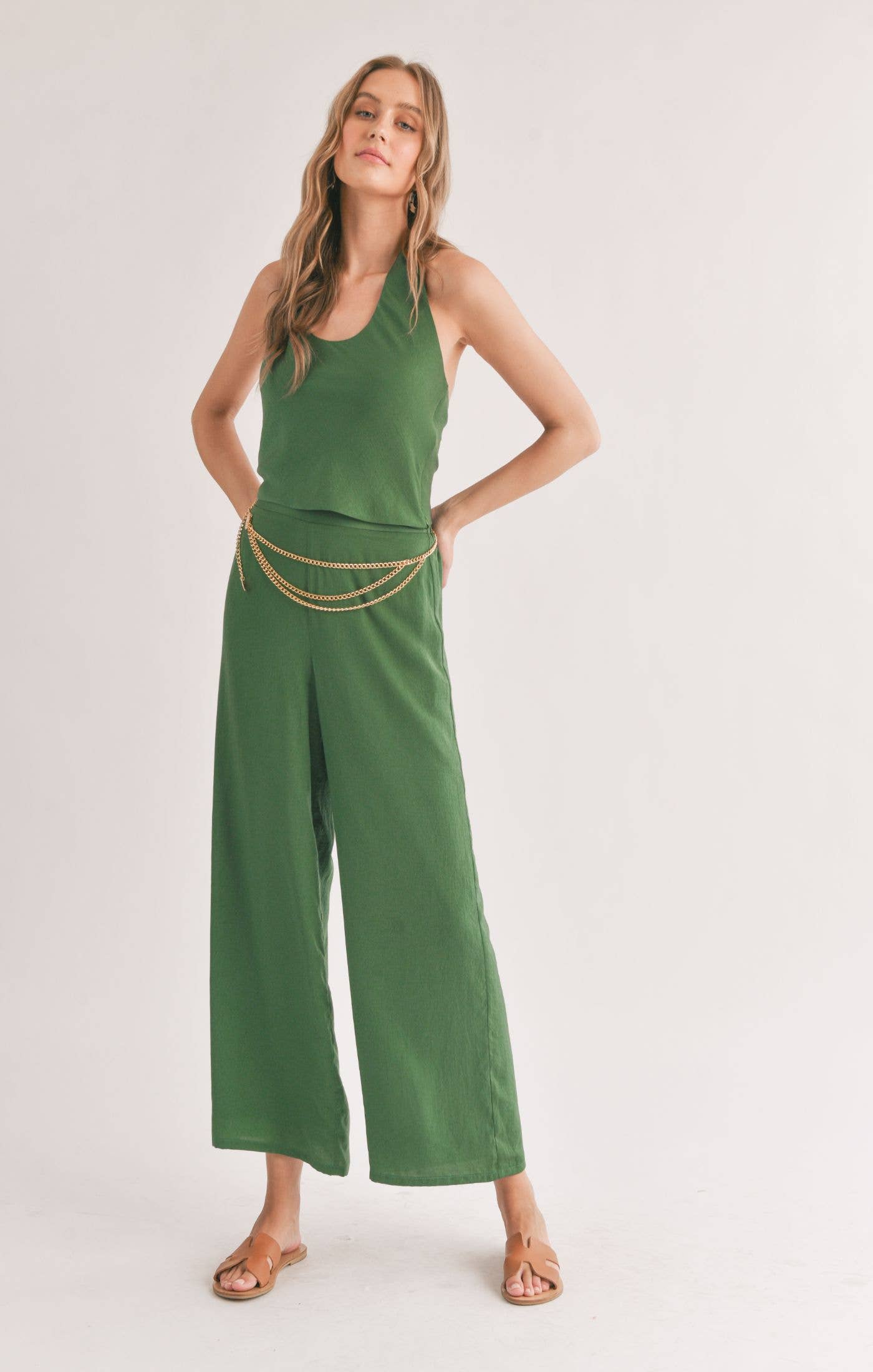 Satin Wide Leg Pants: FOREST GREEN