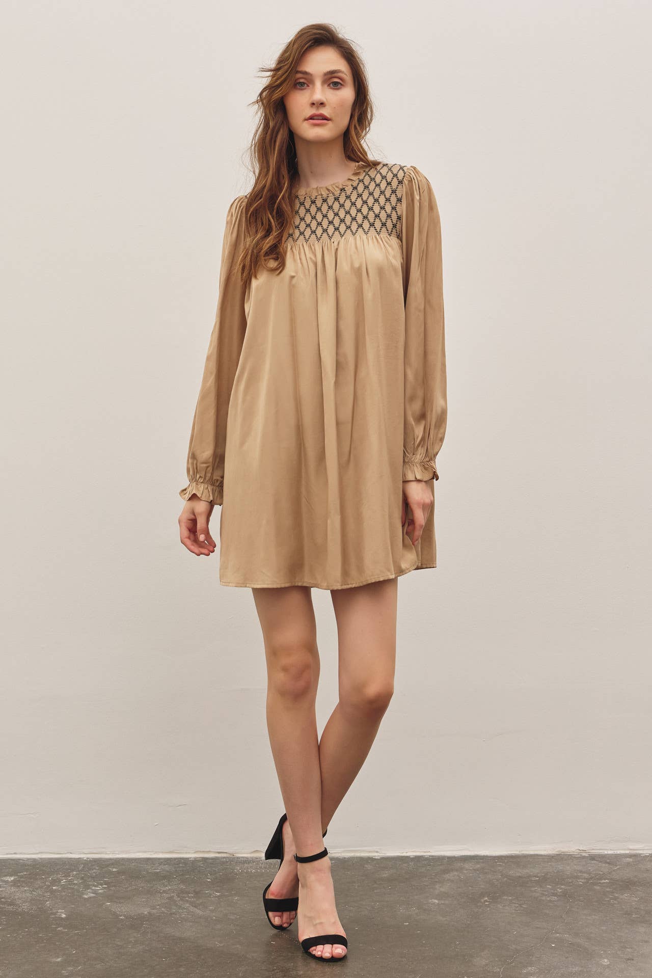 HONEYCOMB SMOCKED MINI DRESS WITH BALLOON SLEEVES