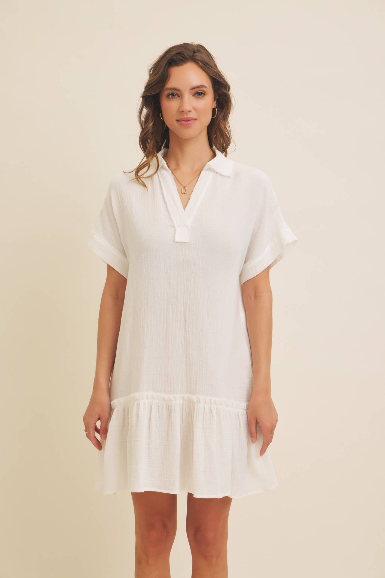 CRINKLED COTTON GAUZE RELAXED FIT MINI DRESS WITH RUFFLE HEM